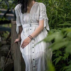 She + Sky Striped Midi Dress Tie Sleeve Button V Neck Boho Beach Coastal Large